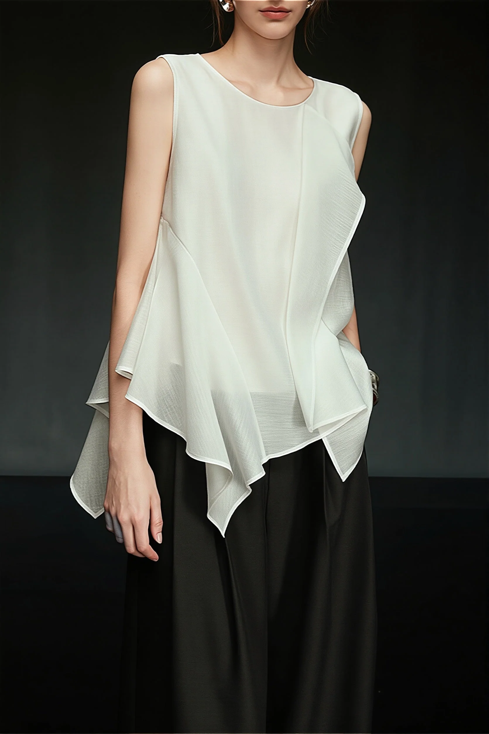 White Irregular Ruffle Sleeveless Blouse
