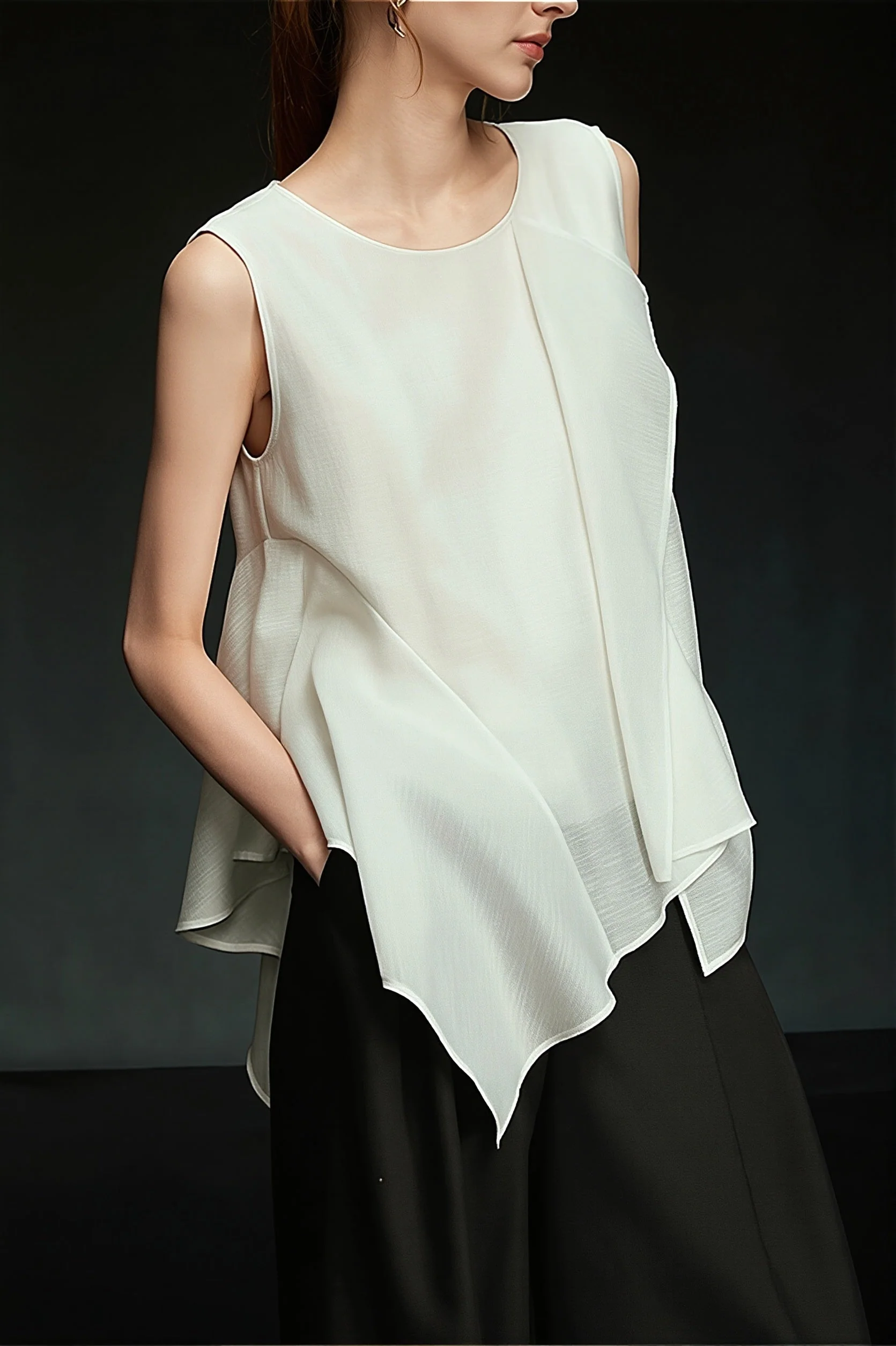 White Irregular Ruffle Sleeveless Blouse - Image 2