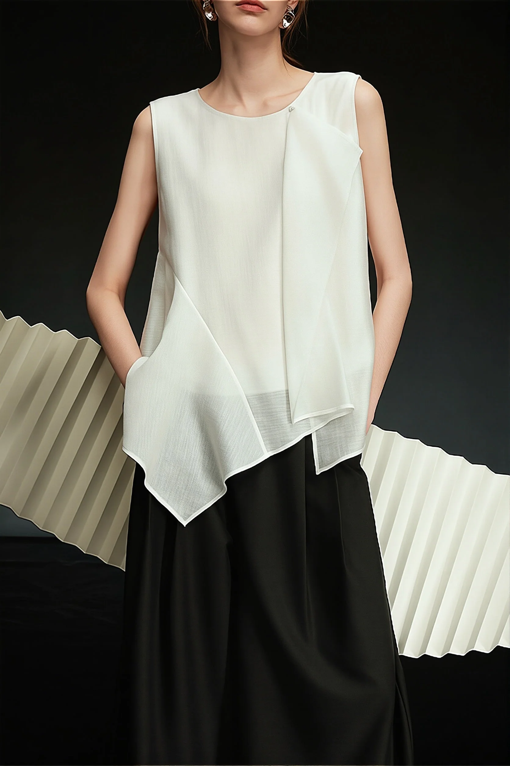 White Irregular Ruffle Sleeveless Blouse - Image 3
