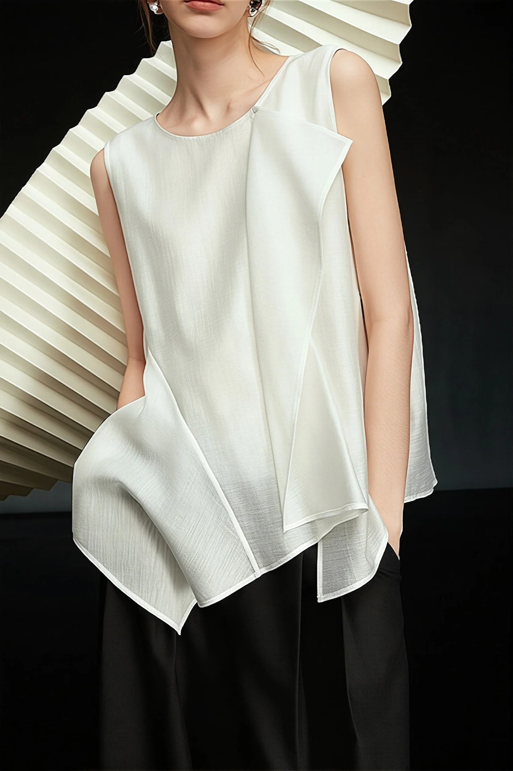 White Irregular Ruffle Sleeveless Blouse - Image 4