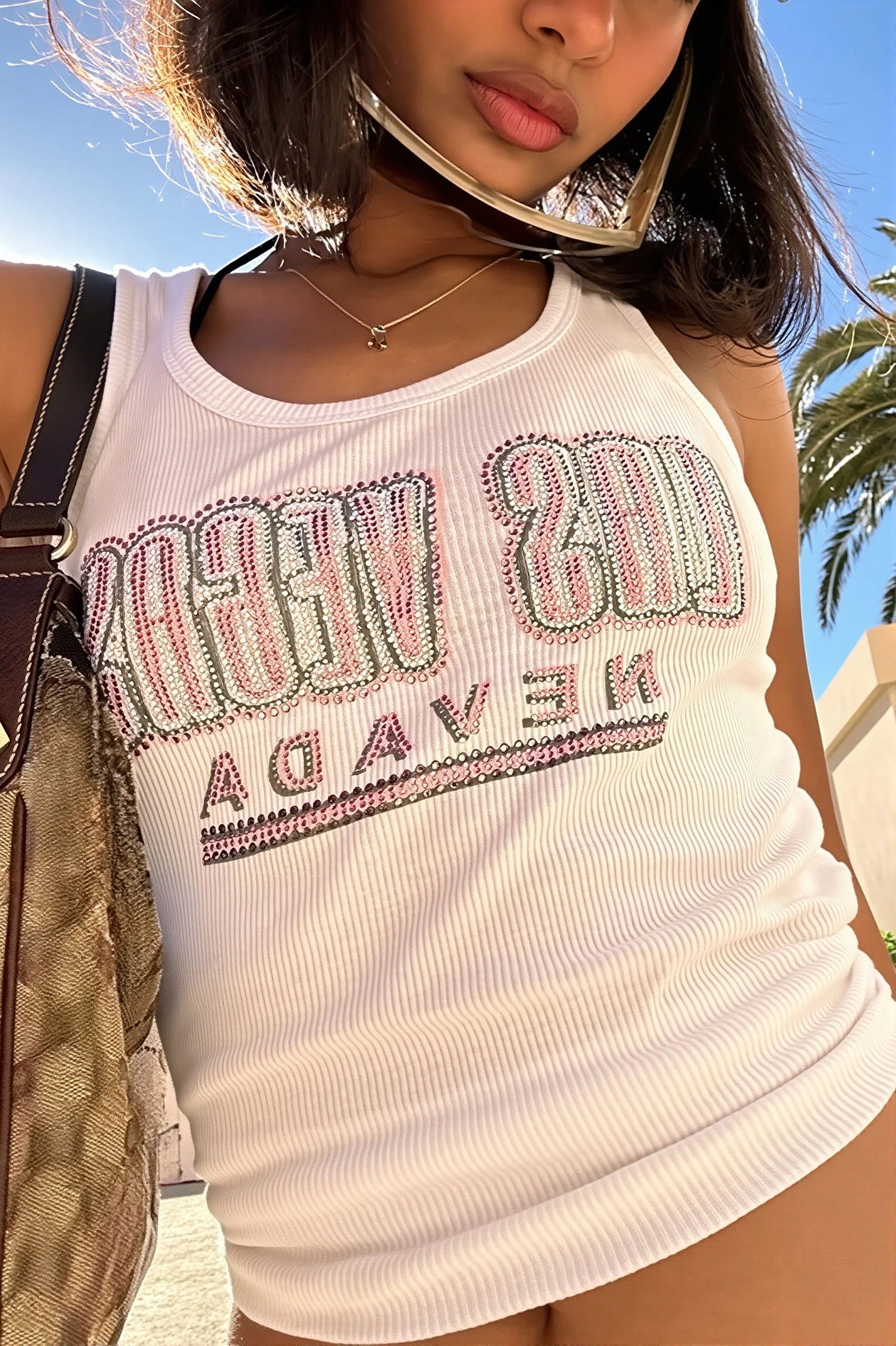 White Print Rhinestone Tank Top - Image 4
