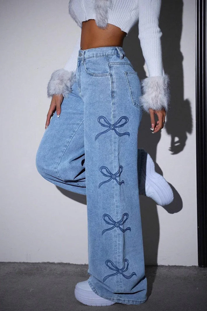 Y2K High Waist Bow Print Jeans - Image 3