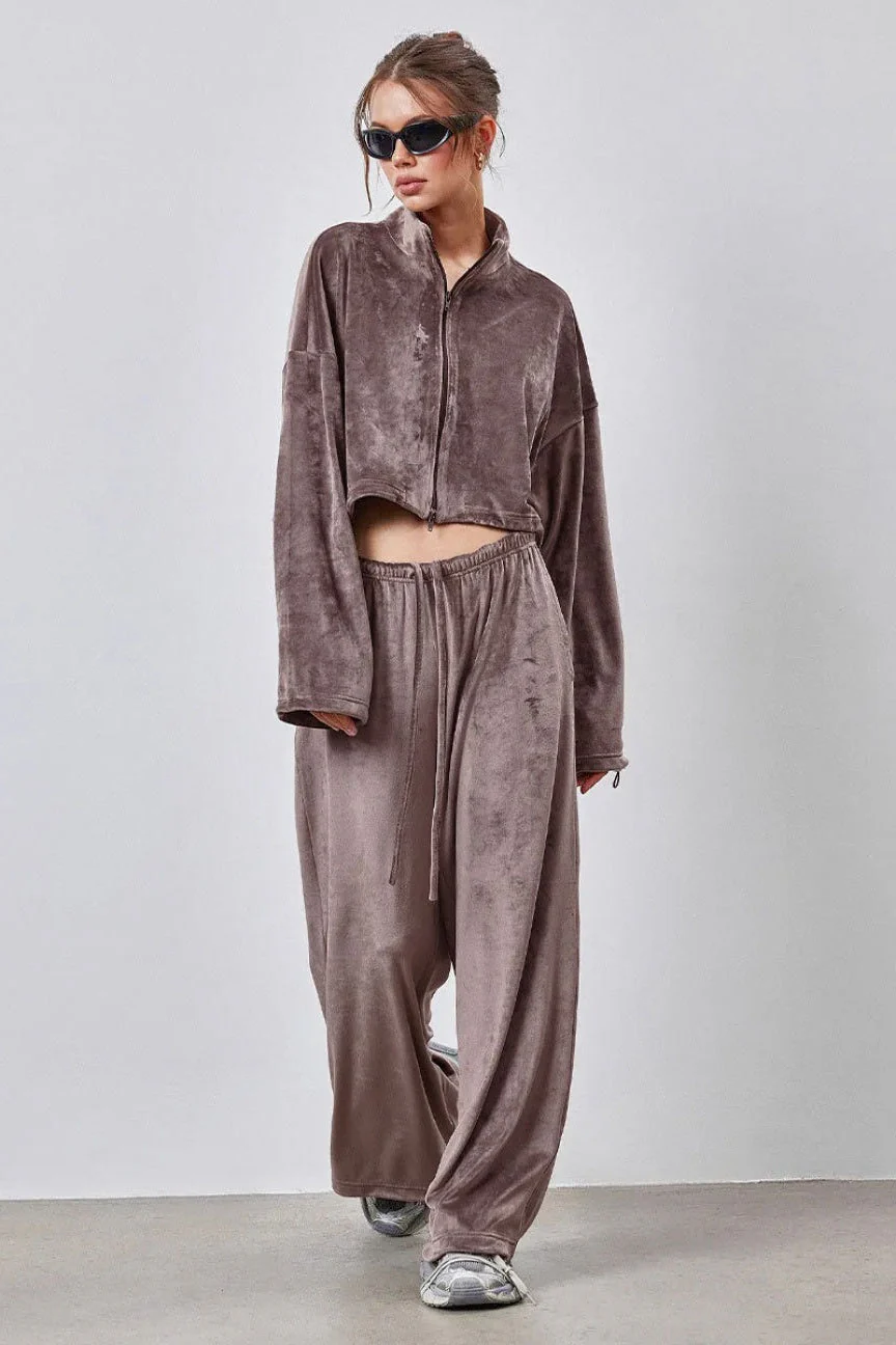 Vintage Drawstring Crop Top and Wide Leg Pants Two Piece Set