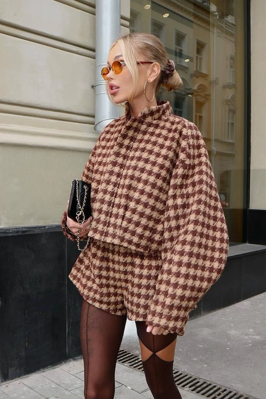 Vintage Houndstooth Zip Jacket and Shorts Two Piece Set