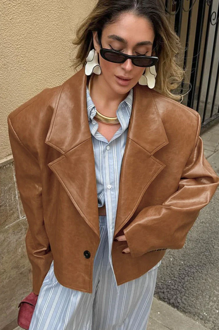 Vintage Oversized PU Leather Blazer - Image 2