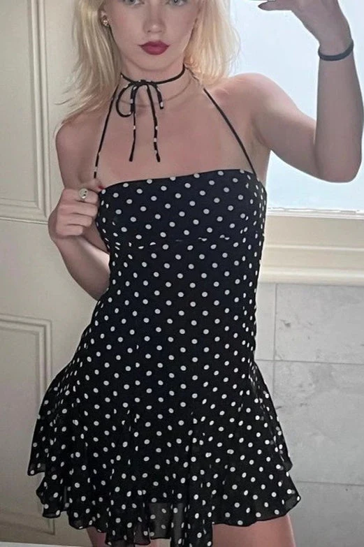 Polka Dot Halter Neck Backless Bodycon Mini Dress - Image 2