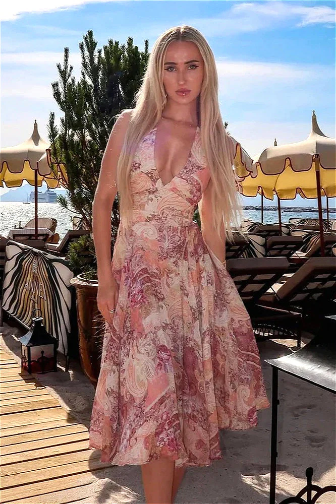 Elegant Floral Print Halter High Waist Floral Dress