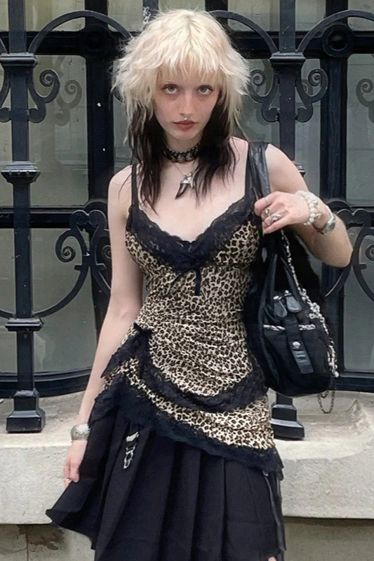 Trendy Asymmetrical Lace Leopard Print Blouse