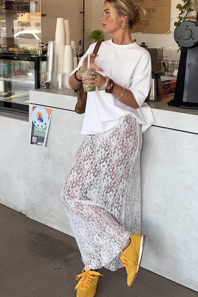 Elegant White Lace High Waist A-line Midi Skirt