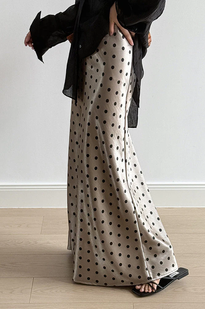 Vintage Polka Dot Satin High Waist A-line Midi Skirt