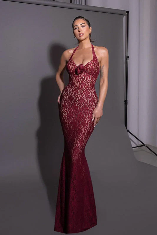 Lace Halter Bodycon Maxi Dress - Image 2