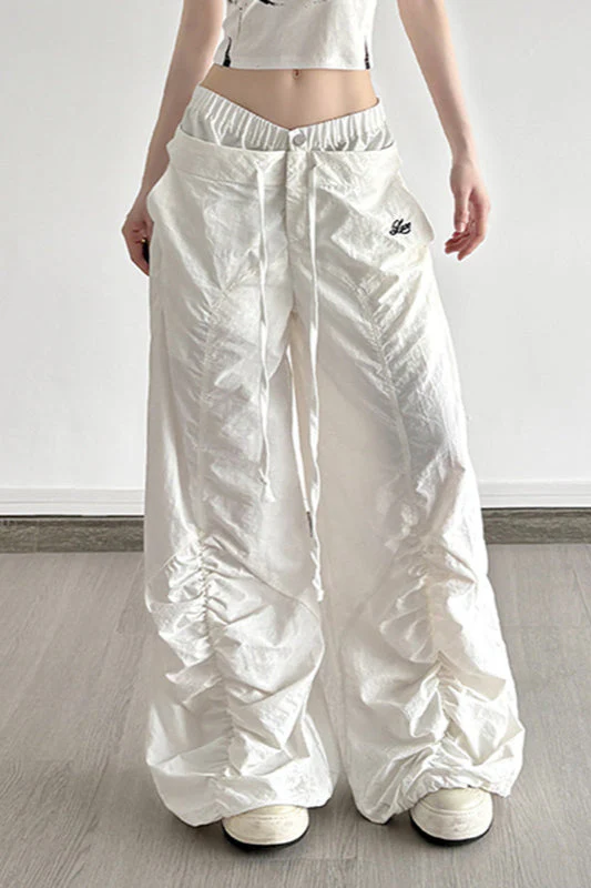 White Drawstring Wide-Leg Cargo Pant
