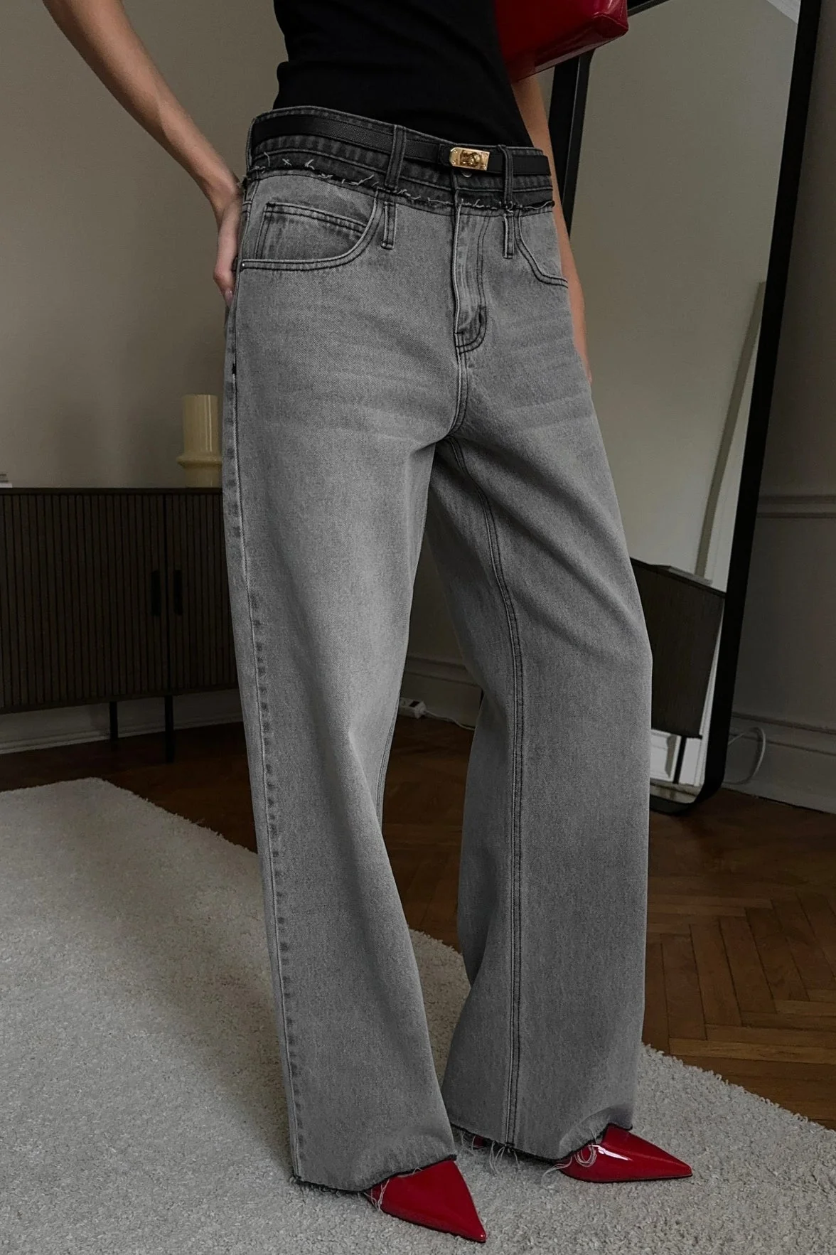 Waist Patch Distressed Straight Jean