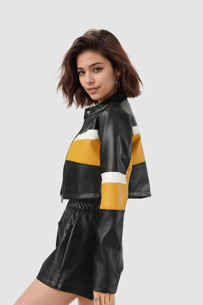 Color-Block PU Leather Biker Jacket - Image 3