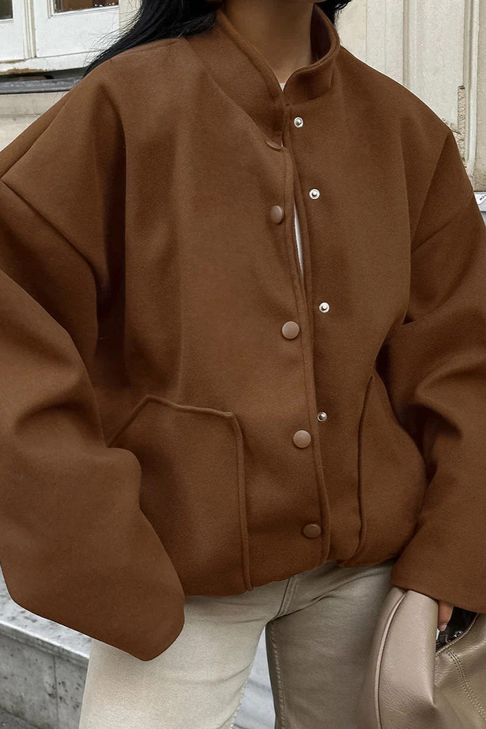 Stand Collar Melange Brown Wool Coat - Image 4
