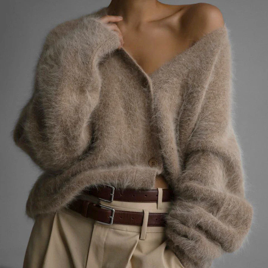 V-Neck Mink Wool Knit Cardigan