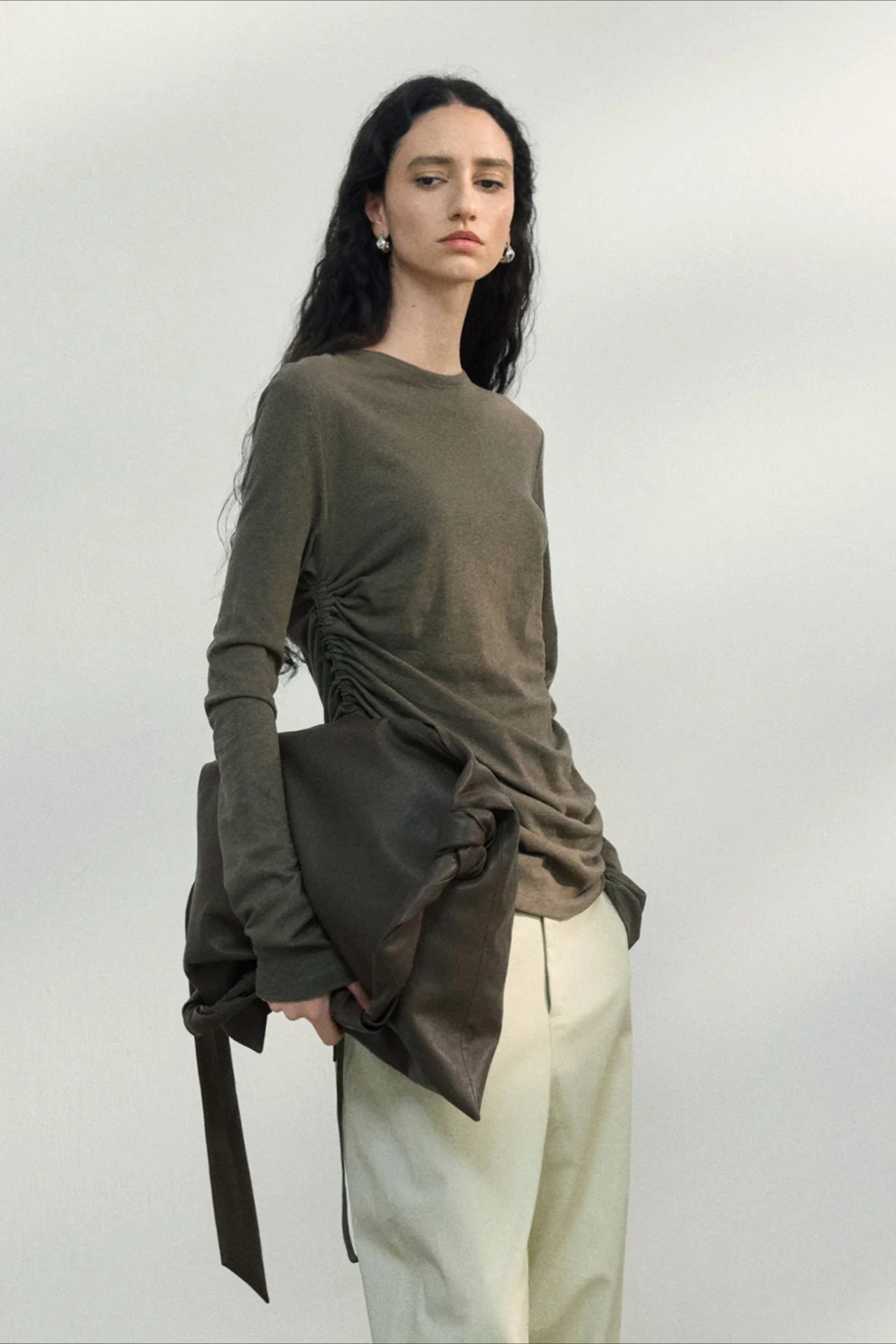 Fitted Textured Pleated Cotton Linen Knit Sweater