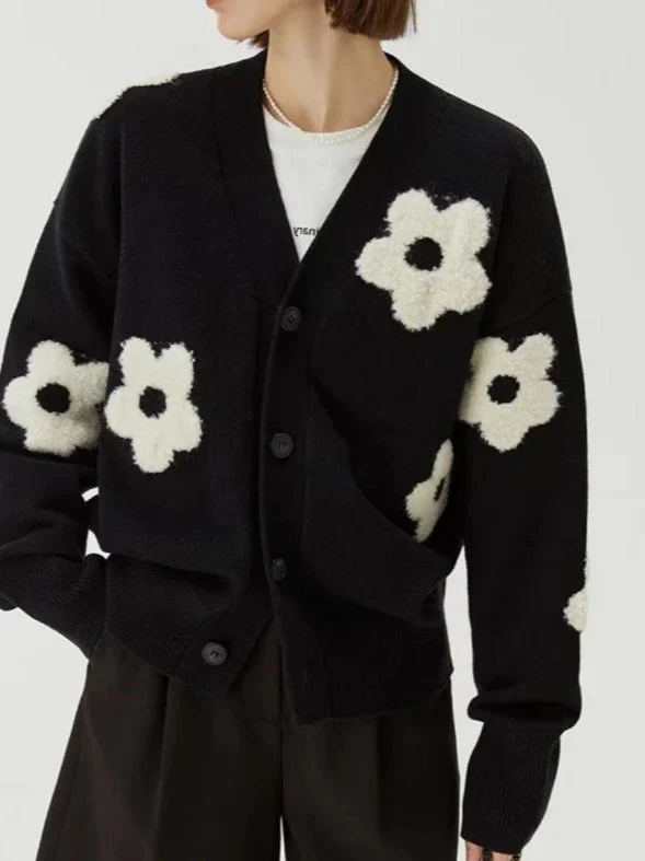 Jacquard Knit V-Neck Cardigan - Image 2