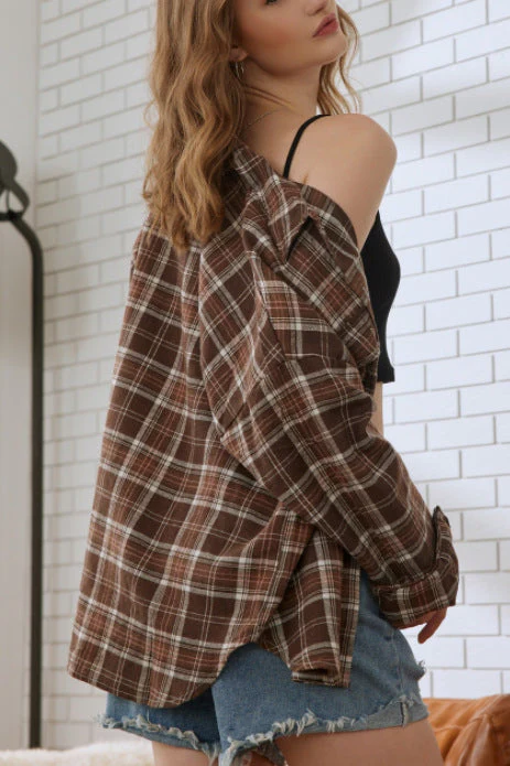 Plaid Stand Collar Button Shirt  Blouse - Image 10
