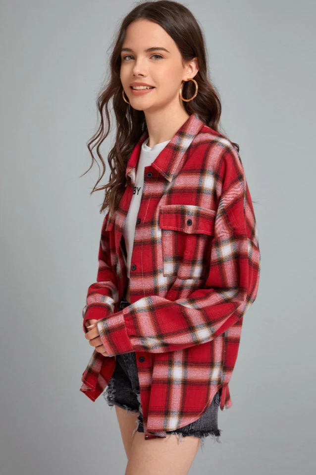 Plaid Stand Collar Button Shirt  Blouse - Image 15