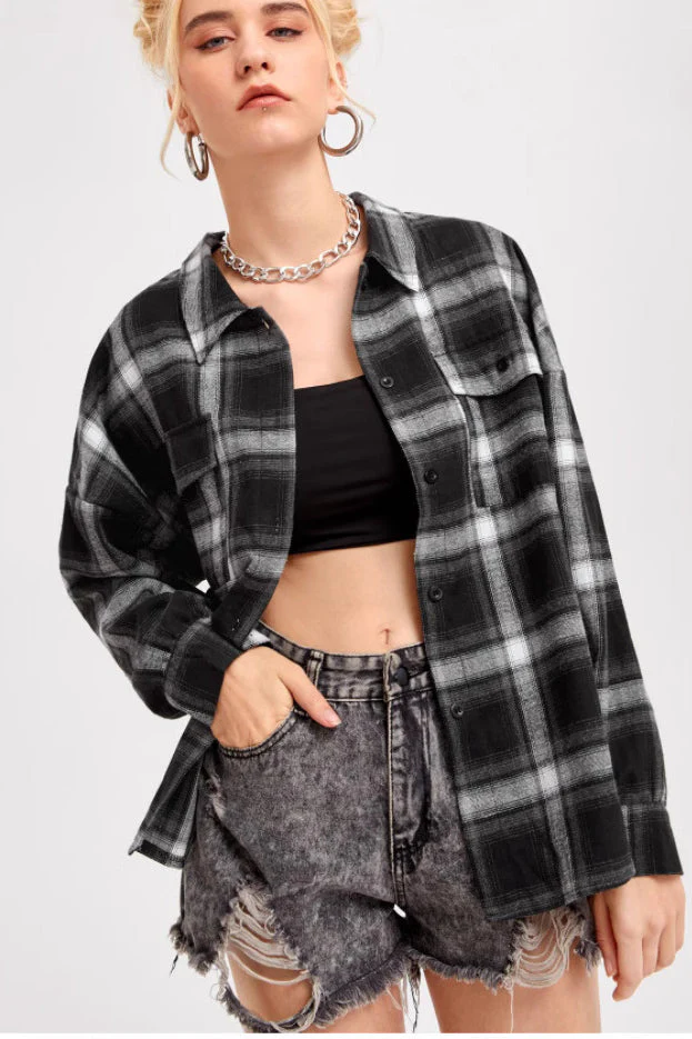Plaid Stand Collar Button Shirt  Blouse - Image 29