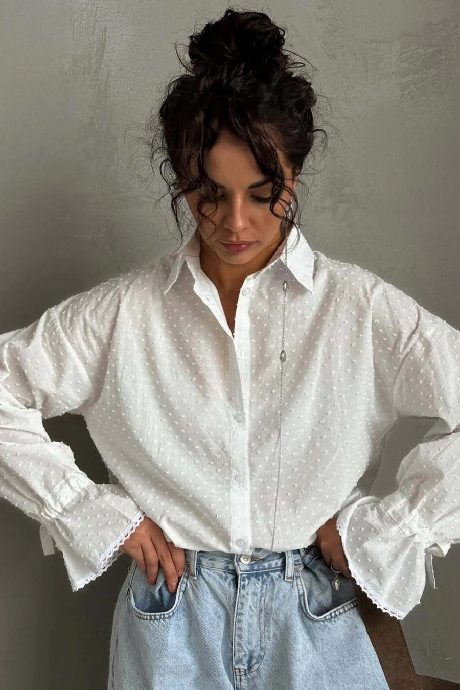 Cotton Single-Breasted Bell Sleeve Blouse
