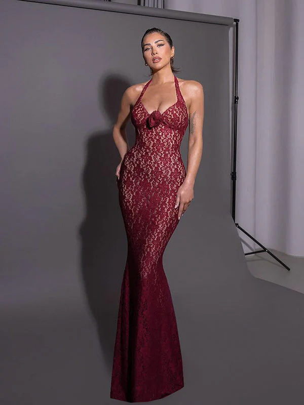 Lace Halter Neck Fitted Bodycon Party Dress