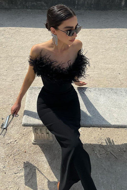 Strapless V-Neck Feathered Mermaid Party Dress - Image 5