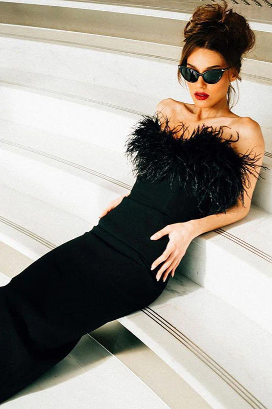 Strapless V-Neck Feathered Mermaid Party Dress - Image 6