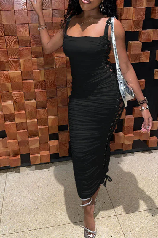Hollow Side Lace-Up Ruched Slim Fit Party Dress - Image 7