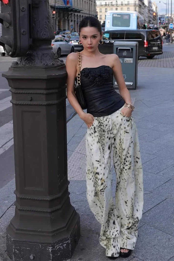 Vintage Washed Leopard Wide Leg Jeans