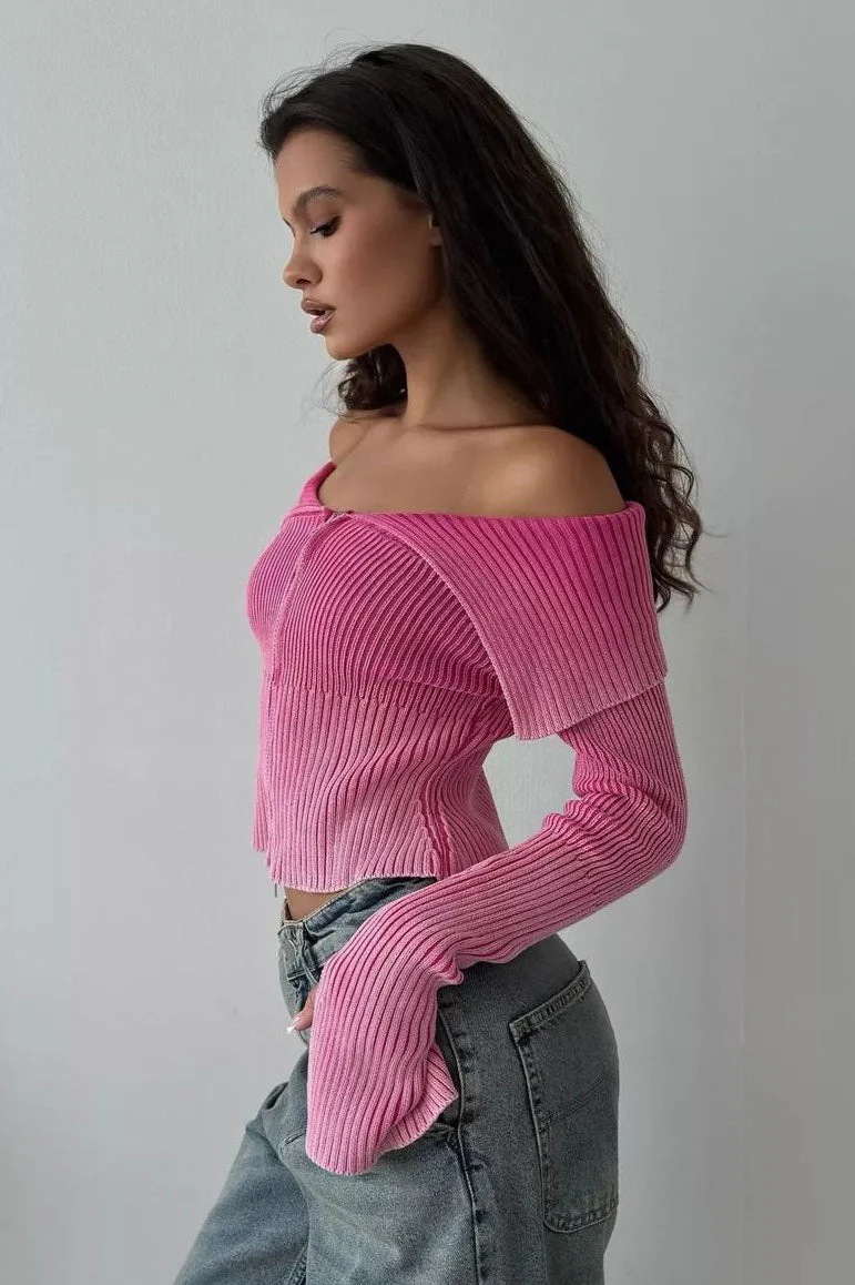 Off Shoulder Zipper Fitted Knit Blouse - Image 2