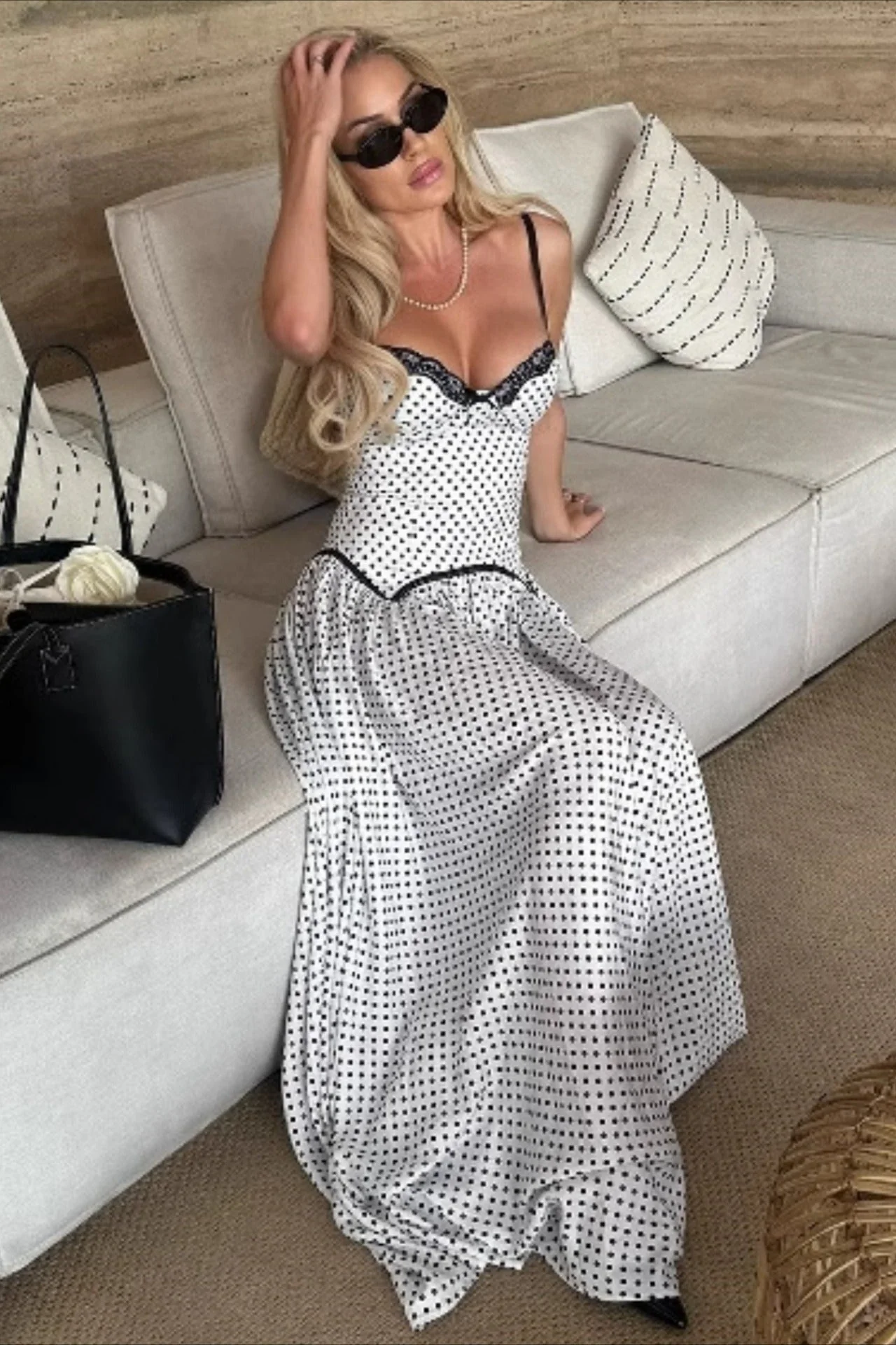 Polka Dot Spaghetti Strap Backless Fitted Bodycon Maxi Dress - Image 2