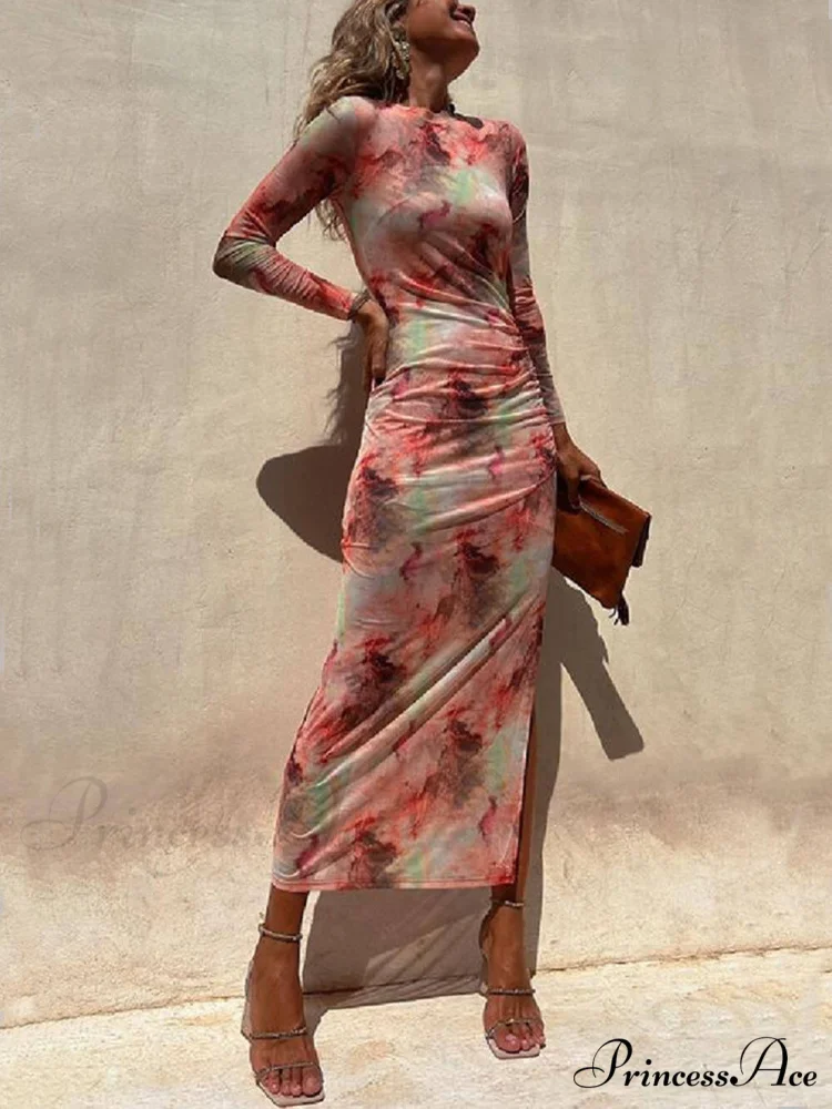 Charm Lady Mesh Overlay Tie Dye Modern Print Long Sleeve Ruched Stretch Midi Dress