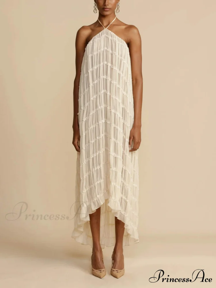 Charming Pleated Drawstring Waist Graceful Tiered Halterneck Midi Dress