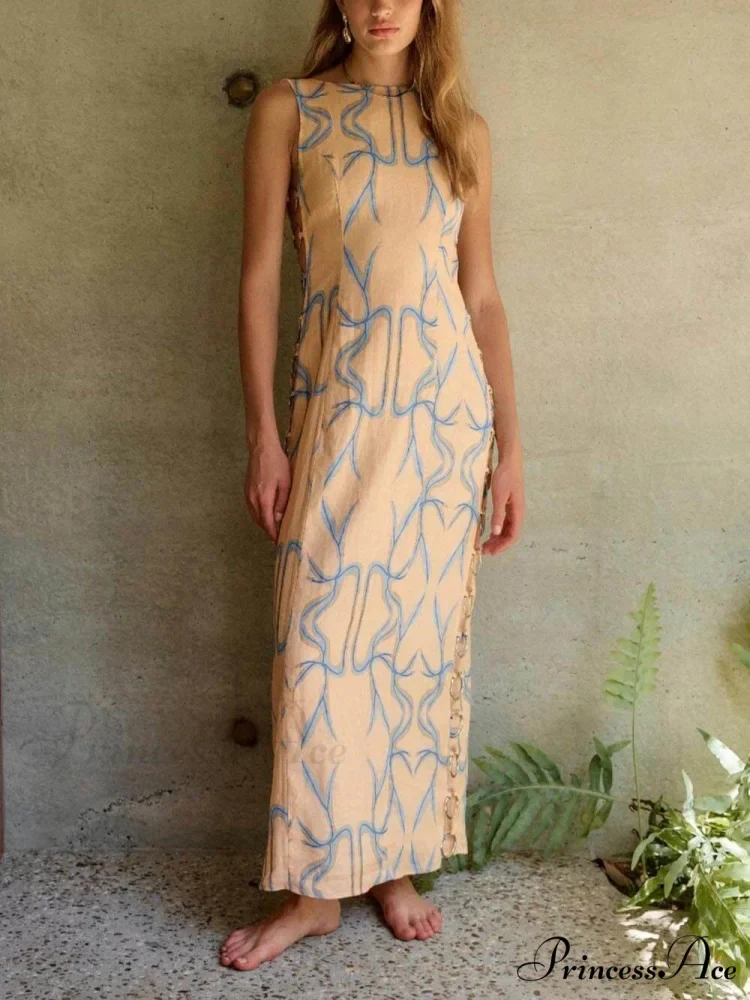 Signature Printed Hoop-Embellished Charming Sleeveless Midi Dress