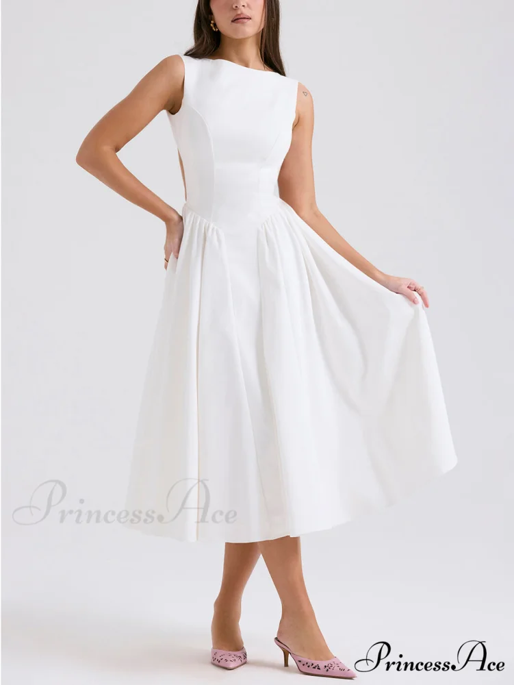 Stylish And Elegant Solid Color Trendy Round Neck Backless Sleeveless Midi Dress