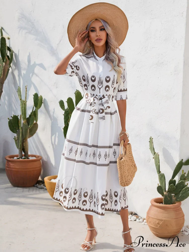 Shirred-waist Patterned Full-Length Crepe Gown for Three-quarter-sleeve Women - Image 14