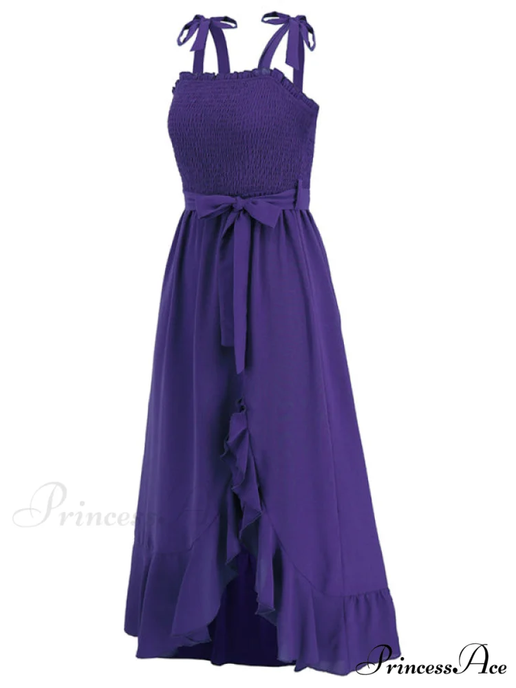Tie Smock Solid Color Shoulder Slit Ruffle Midi for Gown Women - Image 19