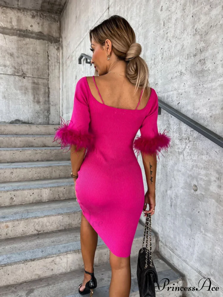 Knitted Fur Women's Neck Arm One-Line Dress - Image 4