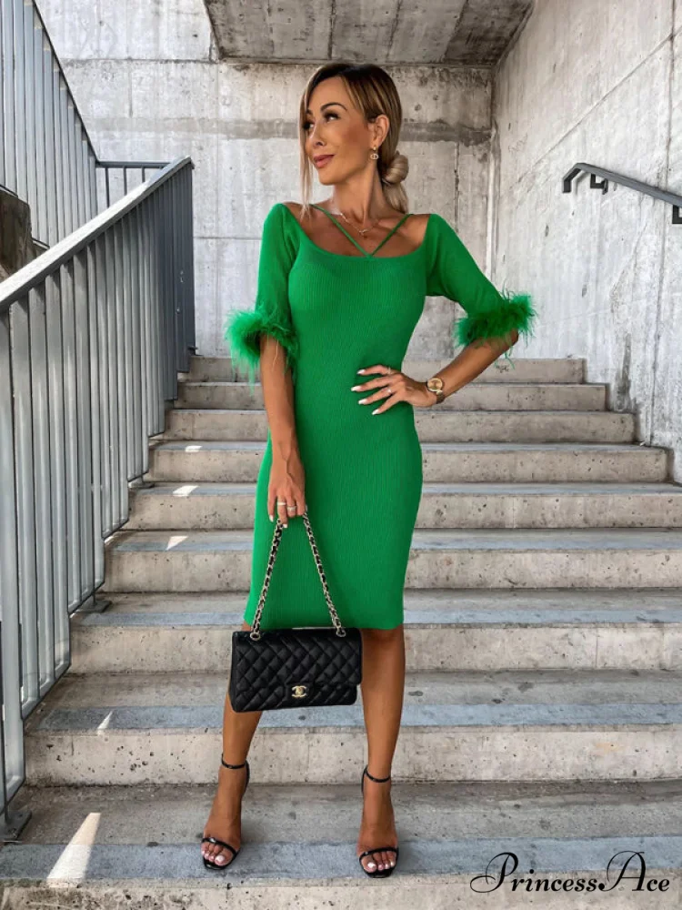 Knitted Fur Women's Neck Arm One-Line Dress - Image 9