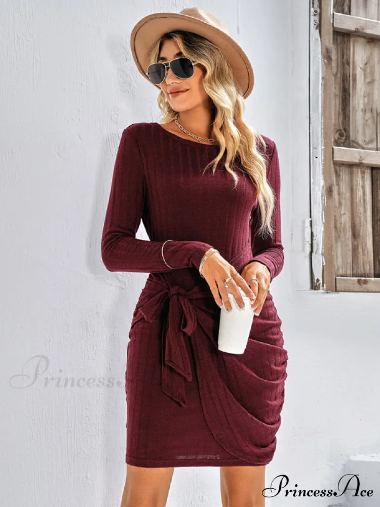 Gown Solid Rib-knit Mini Front Neck for Crew Color Tie Women - Image 2