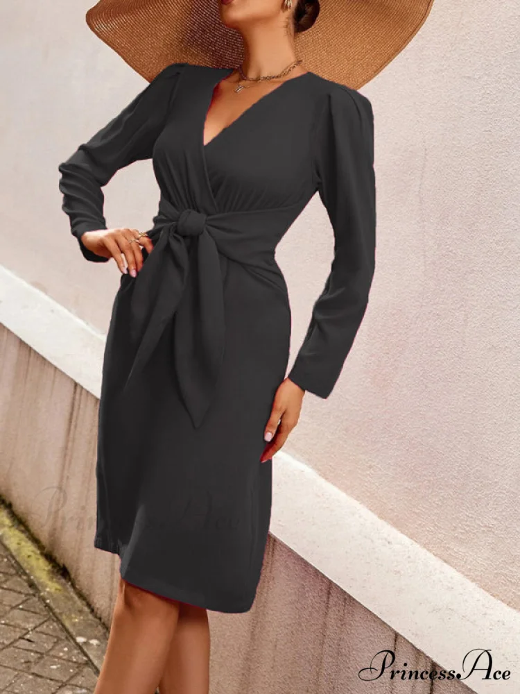 V-neck dress belt waist mid-length solid women's zipper color clothing - Image 5