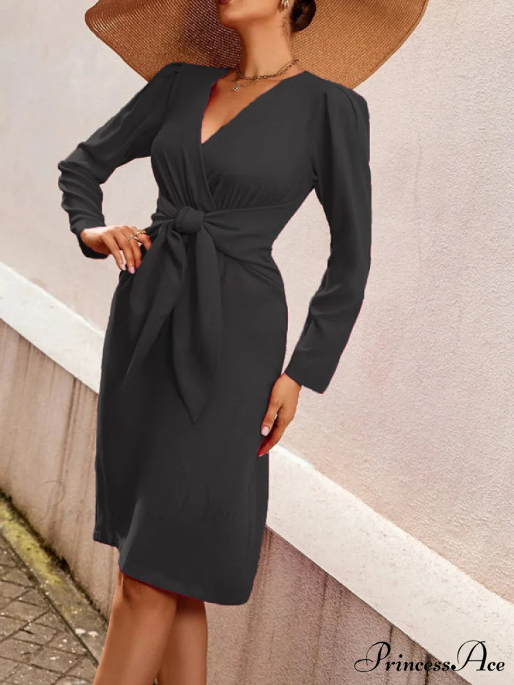 V-neck dress belt waist mid-length solid women's zipper color clothing - Image 9