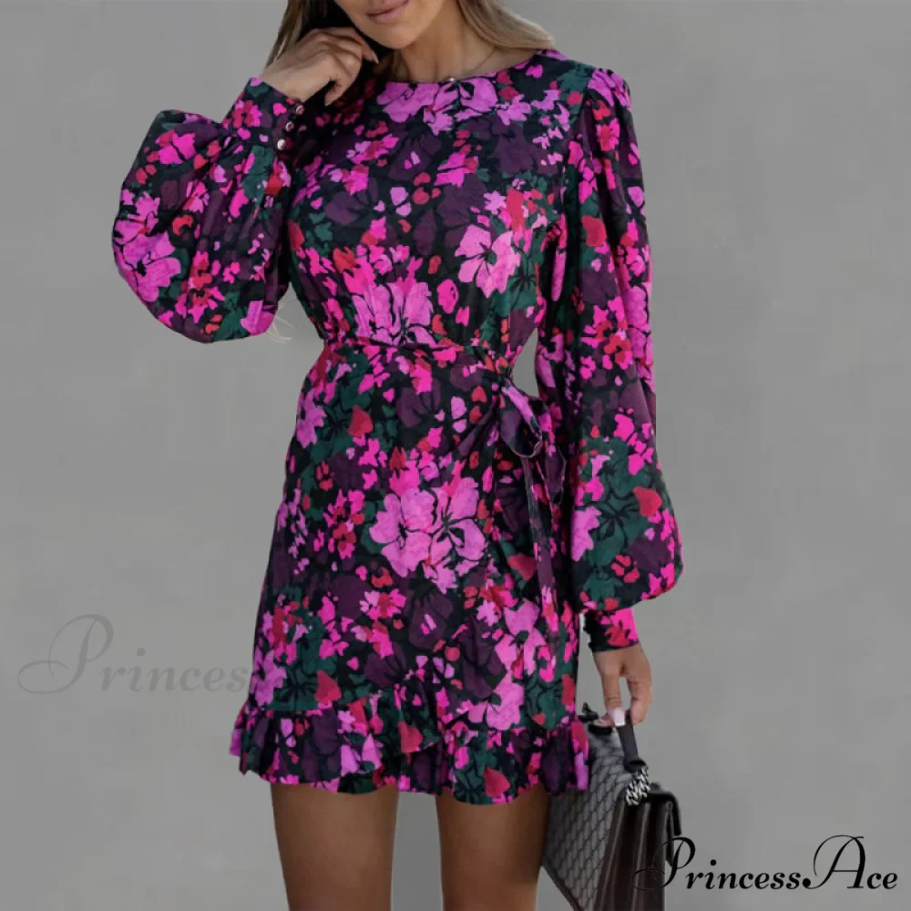 Round Long Patterned Arm Women's Neck Waist Tie Dress