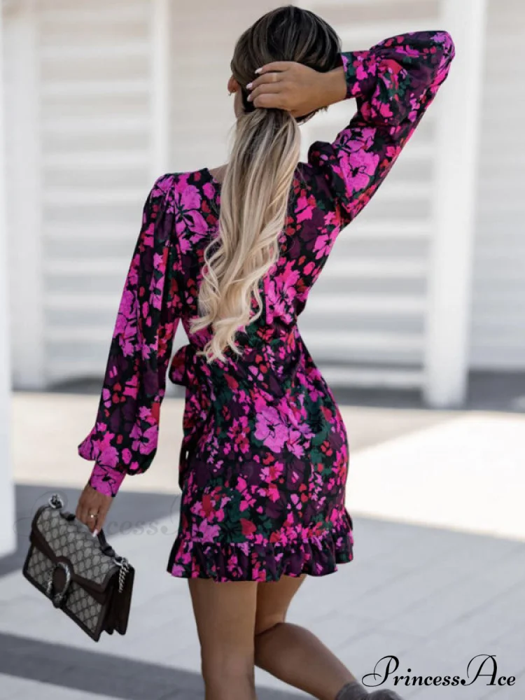 Round Long Patterned Arm Women's Neck Waist Tie Dress - Image 3