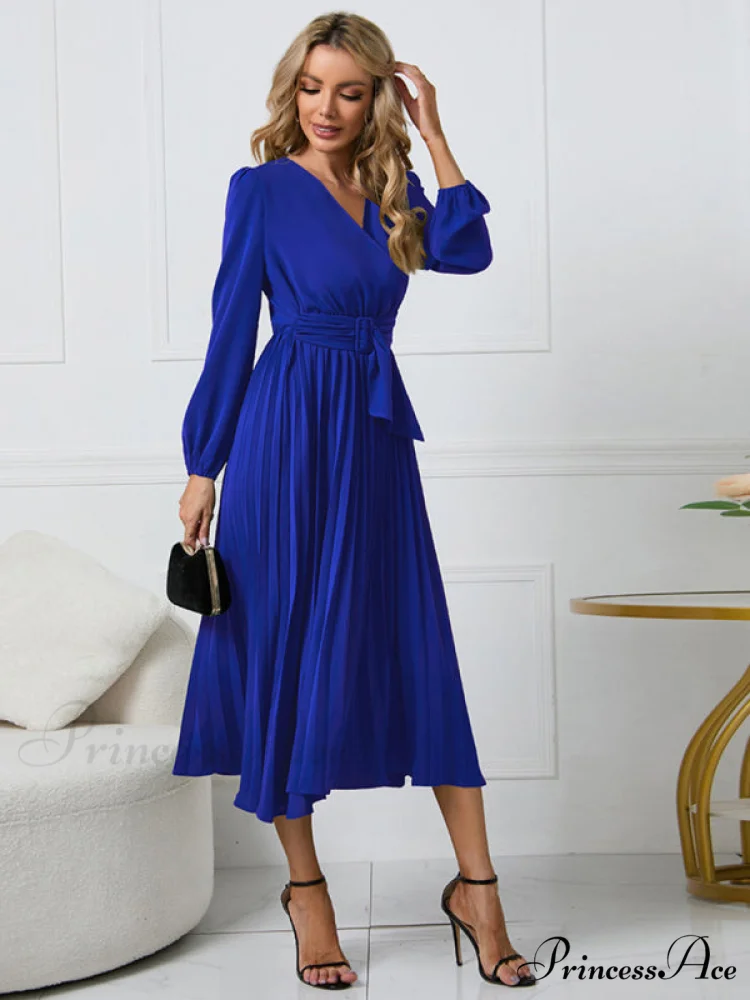 Full-Length Folded Belt Neck Long Waist Women's at Gown and V with Faux-wrap Sleeves