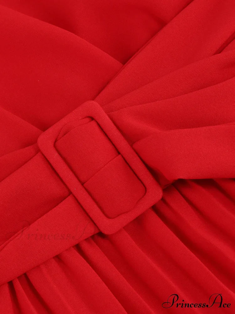 Full-Length Folded Belt Neck Long Waist Women's at Gown and V with Faux-wrap Sleeves - Image 14