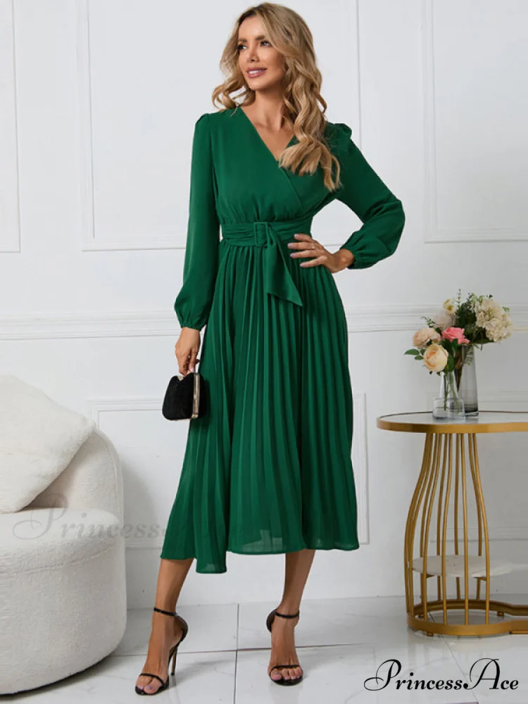 Full-Length Folded Belt Neck Long Waist Women's at Gown and V with Faux-wrap Sleeves - Image 18