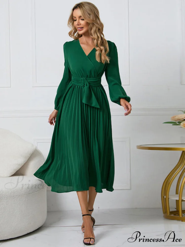 Full-Length Folded Belt Neck Long Waist Women's at Gown and V with Faux-wrap Sleeves - Image 19